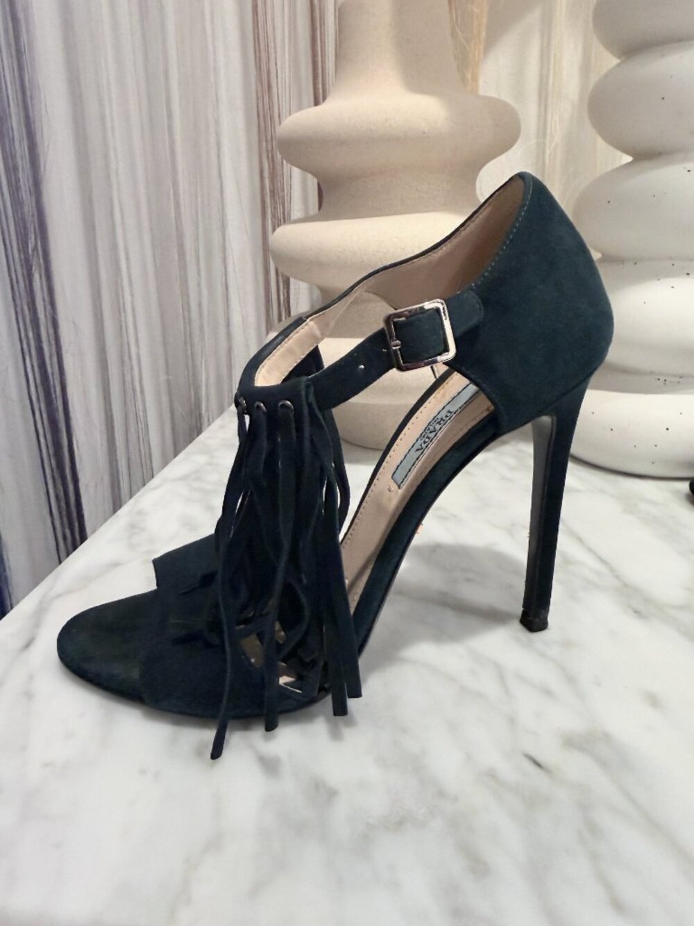 Prada Suede Fringe Peep Toe Sandal 39